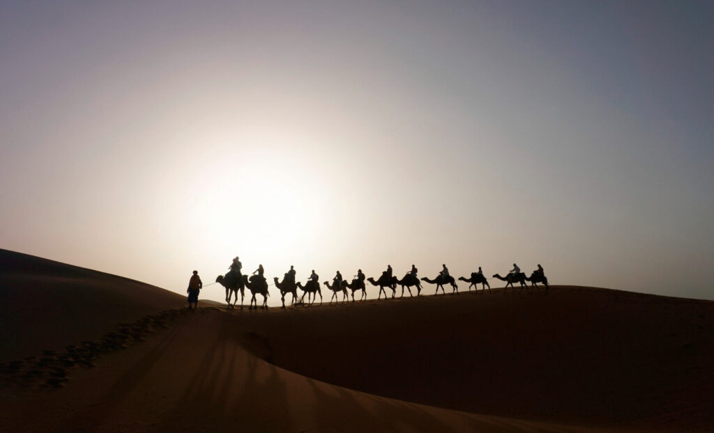 A group of people riding camels traverses a vast desert landscape under a clear blue sky.jpg
