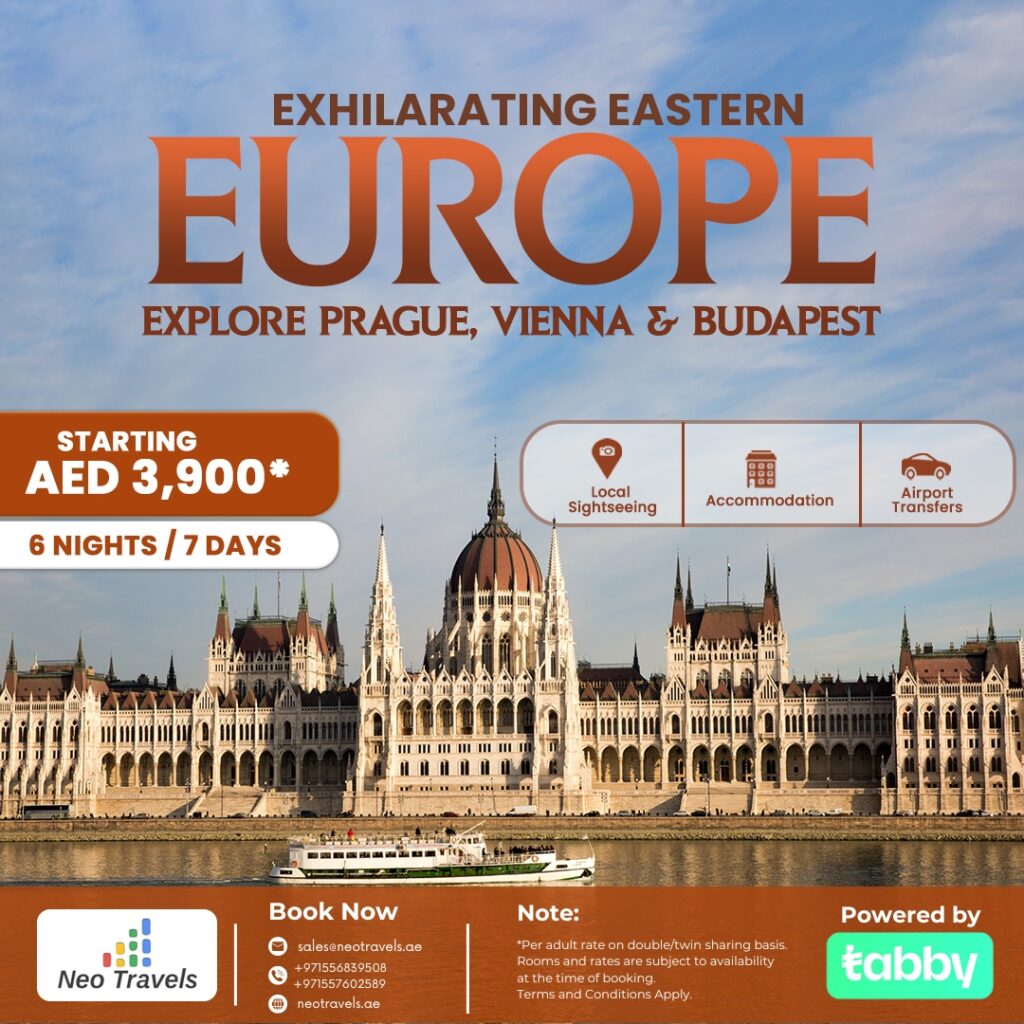 Flyer promoting a European tour package from Dubai, featuring the cities Prague, Vienna, and Budapest.jpeg