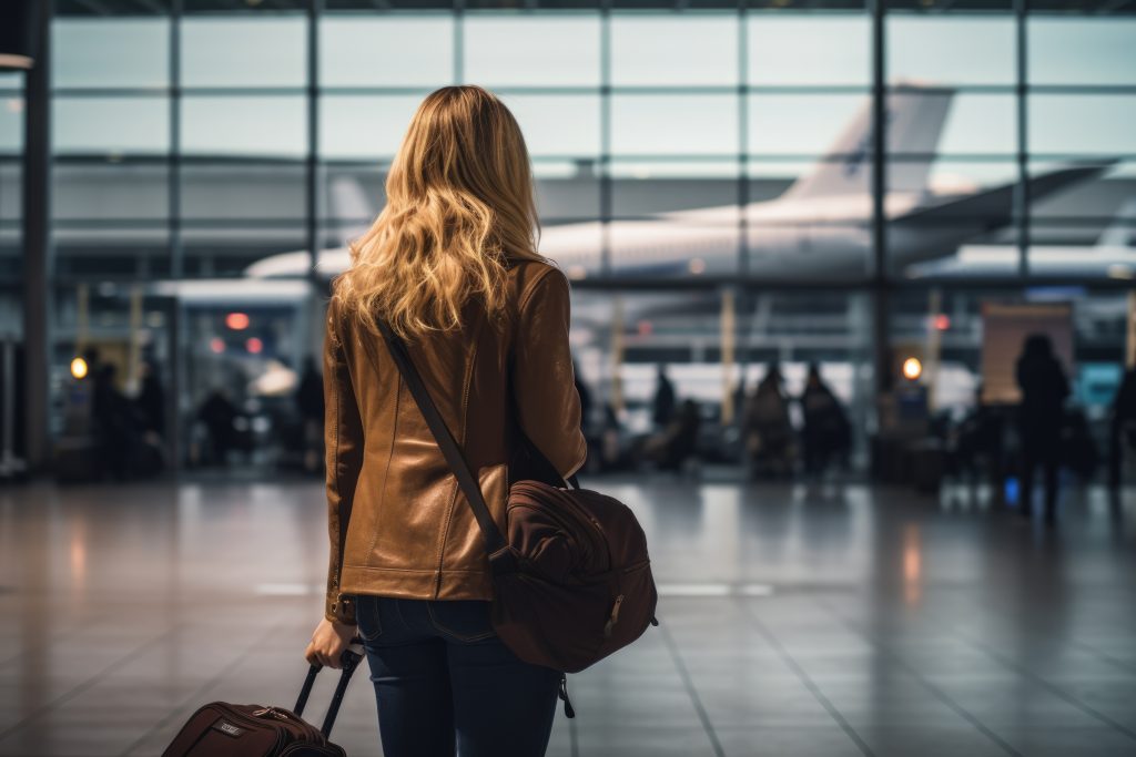 A woman with a suitcase at the airport, symbolizing travel services offered by a Dubai travel agency.jpg