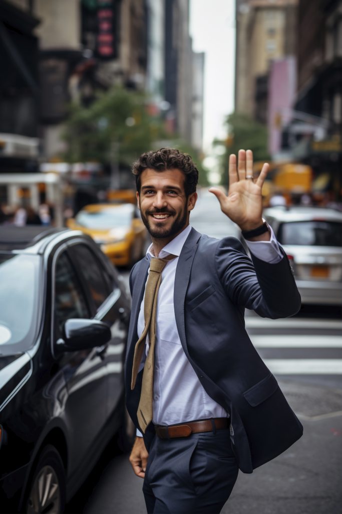 A man-in-a-suit smiles and waves at the camera, exuding professionalism and friendliness.jpg