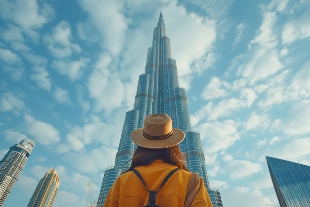 A woman wearing a yellow-jacket and hat poses in front of the Burj-Khalifa, showcasing the iconic skyscraper in the background.png