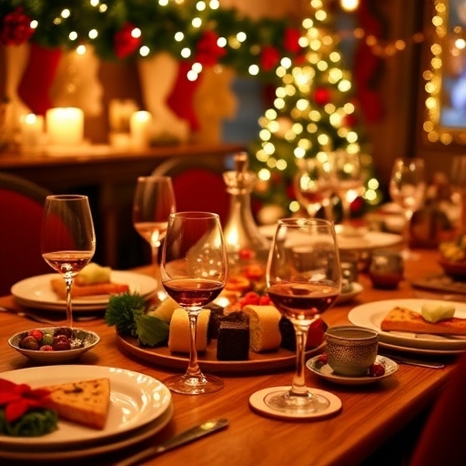 A festive Christmas brunch menu featuring a variety of traditional dishes, set against a backdrop of Dubai's skyline.