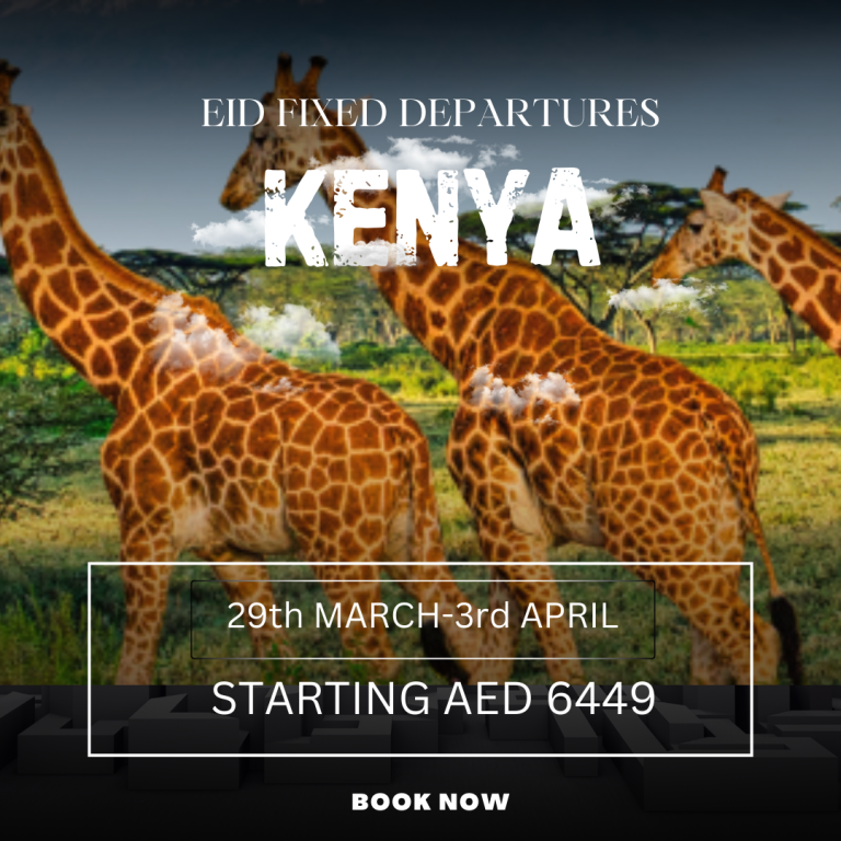 A scenic view of a Kenyan safari landscape with wildlife, featuring a sign for Eid hand departures in the foreground.png