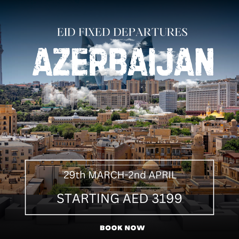 Image of a travel advertisement for an Azerbaijan tour package from Dubai, highlighting Eid-themed departures.png