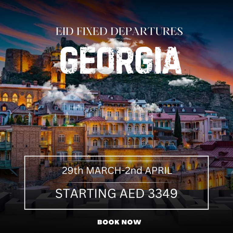 A travel guide for Georgia featuring tour packages available from Dubai, showcasing scenic landscapes and cultural highlights.png