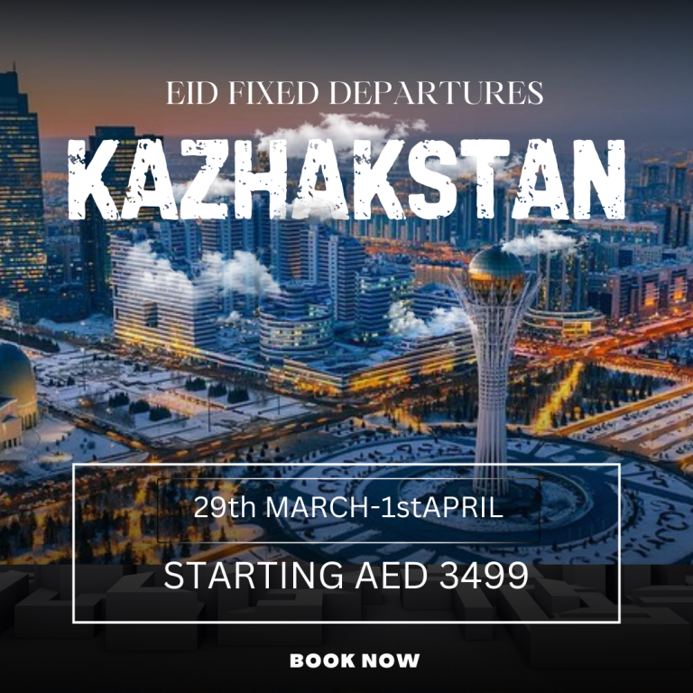 Image of a travel advertisement for Kazakhstan tour packages from Dubai, highlighting Eid-themed departures.png