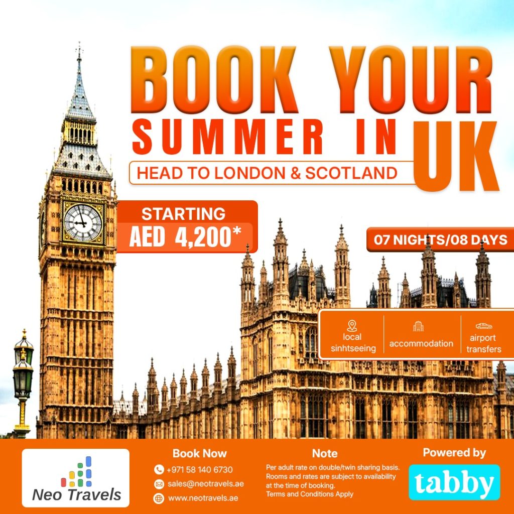 Promotional image for a travel agency in Dubai, encouraging bookings for summer vacations in the UK.jpeg