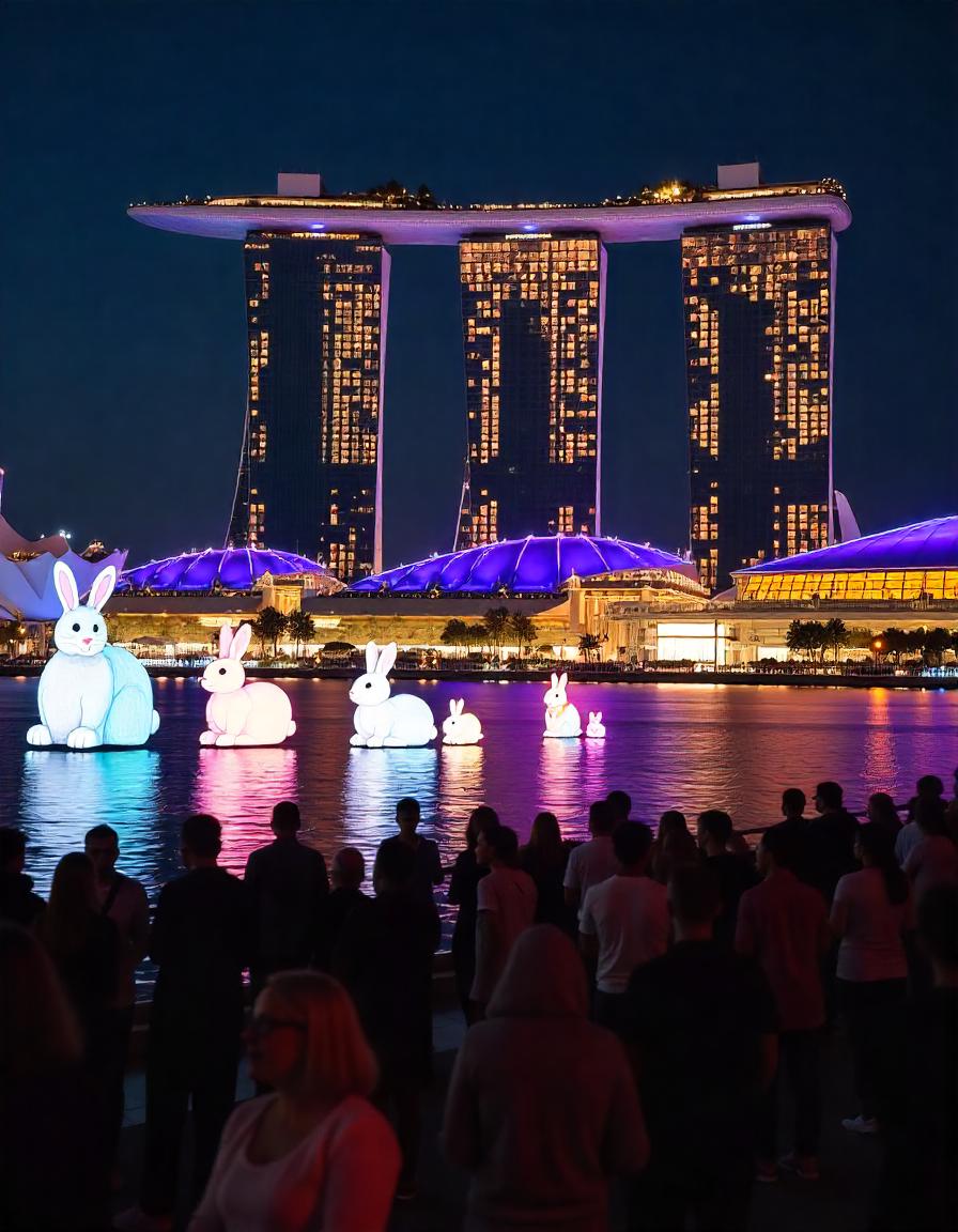 People enjoy an Easter celebration in Singapore, gathered by the water to view glowing sculptures.jpeg