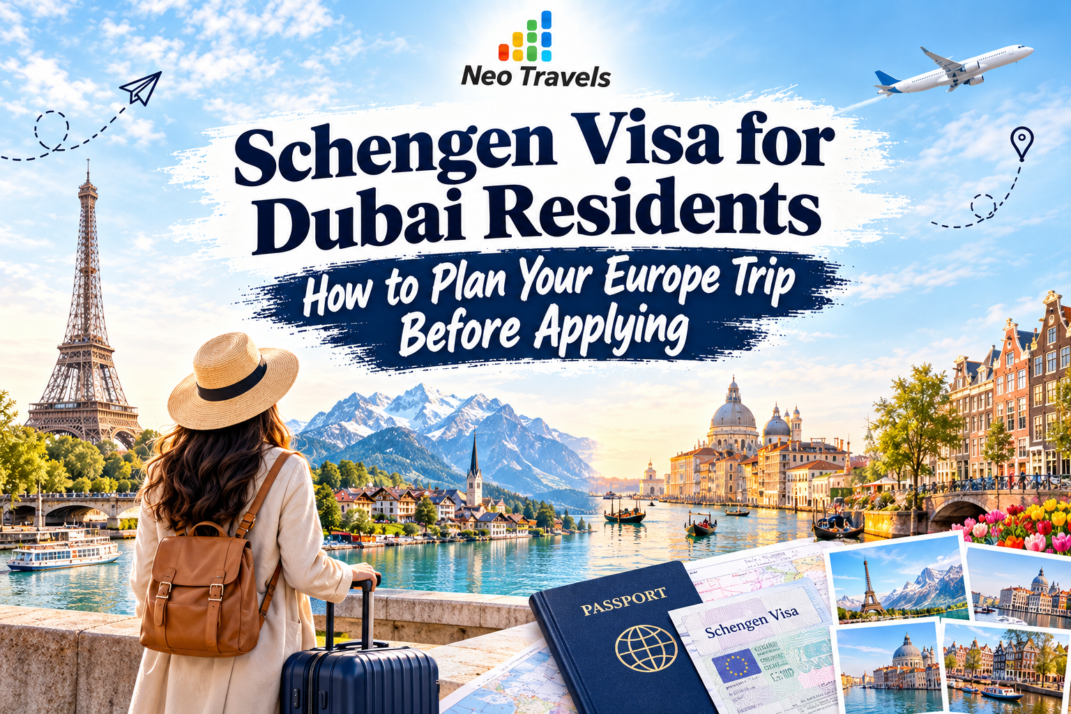 A travel planning visual for Dubai residents preparing to apply for a Schengen Visa for a Europe trip, highlighting the importance of organizing travel plans, required documents, and application preparation.