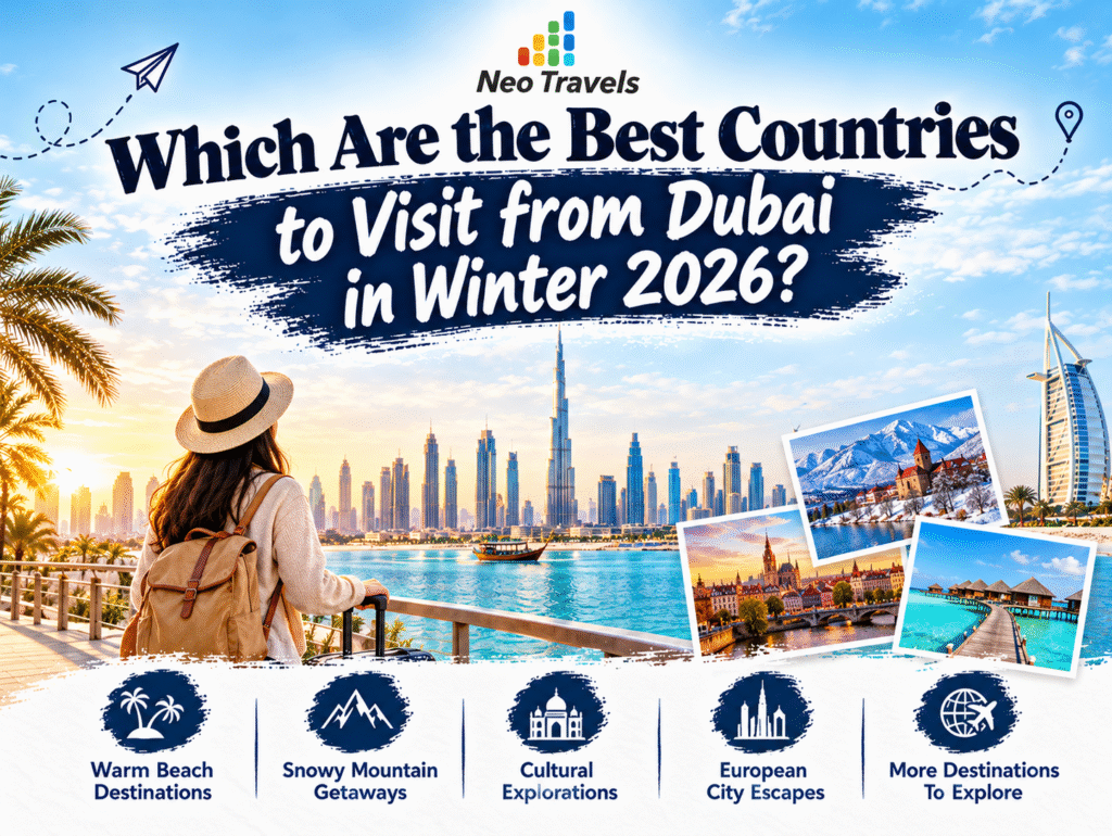 Best countries to visit from Dubai in winter 2026, featuring popular international travel destinations.